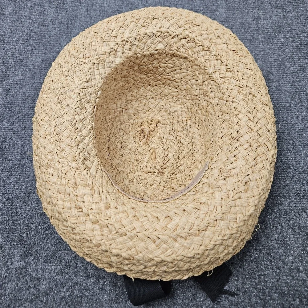 Vintage Helen Kaminski Straw Boater Hat Womens Tan Black Ribbon Raffia Boho 90s